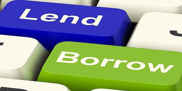 Een blauwe toets met het woord 'lend' en een groene toets met het woord ' borrow'