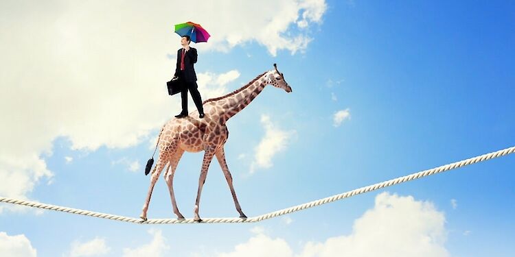 Zakenman met koffer en paraplu balanceert op een touw op de rug van een giraffe